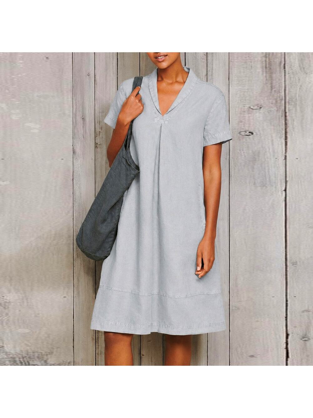 Poetry Shawl Collar Short Sleeve 100% Linen Midi Dress Light Blue Size 6